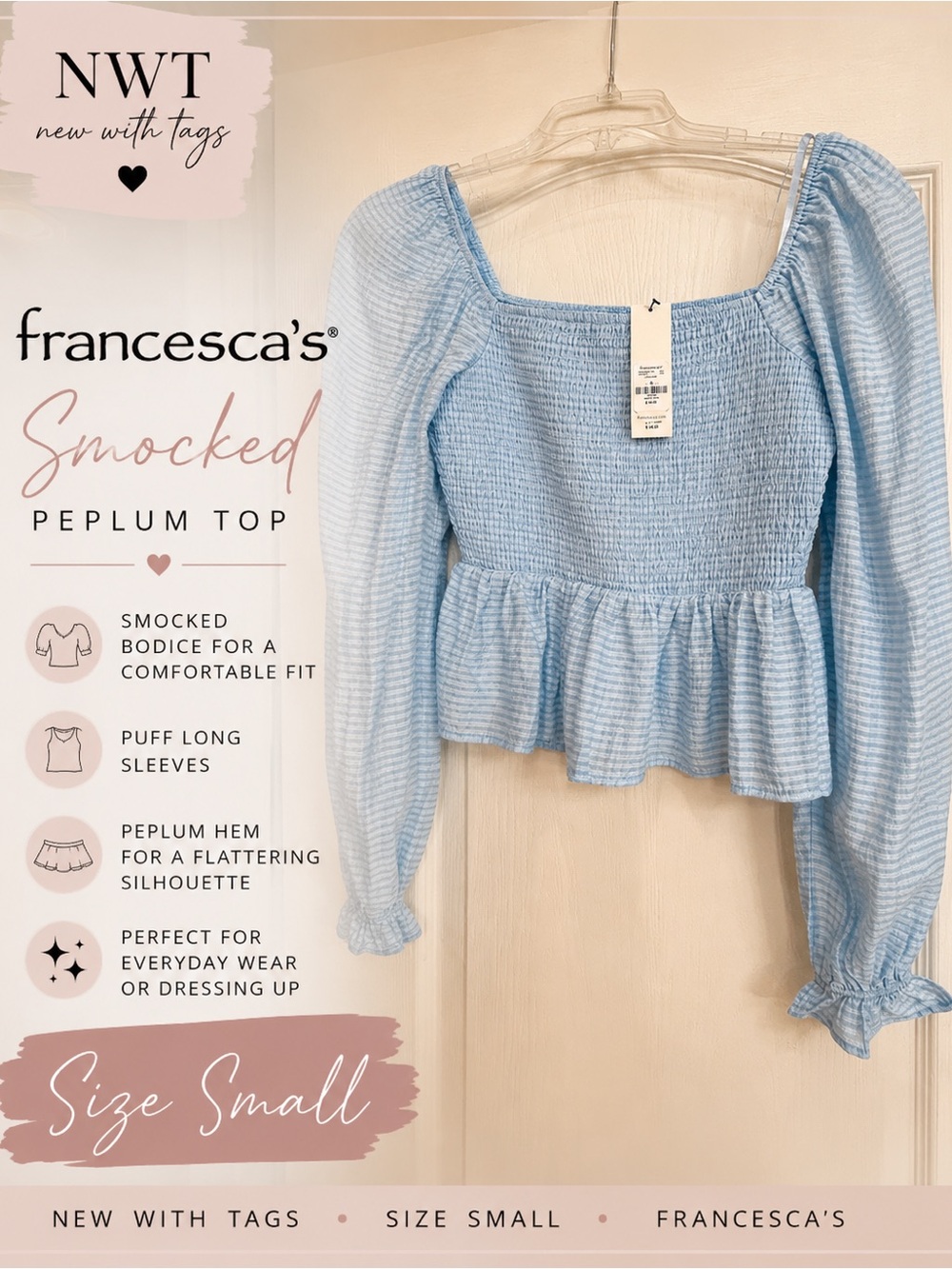 Francesca's Light Blue Smocked Peplum Blouse